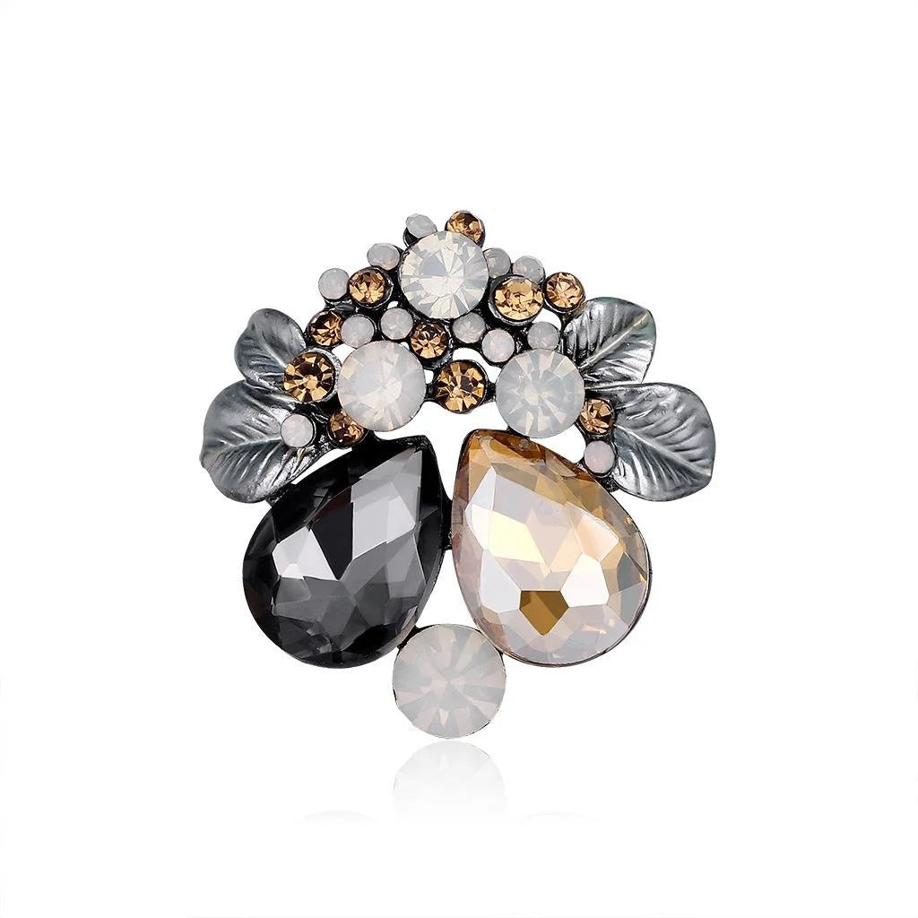 Elegant Floral Crystal Rhinestone Brooch With Alloy Leaves, Women's Lapel Pin Corsage Suit Accessory Gift