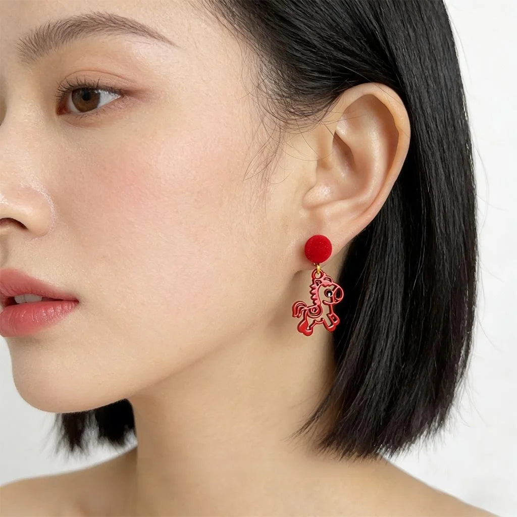 Chinese Style Red Horse Drop Earrings Enamel Flocked Paper Cut Zodiac Jewelry