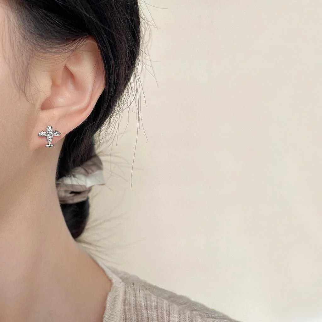 Micro Pave Zircon Mini Airplane Stud Earrings Copper Geometric Quirky Commuter Jewelry