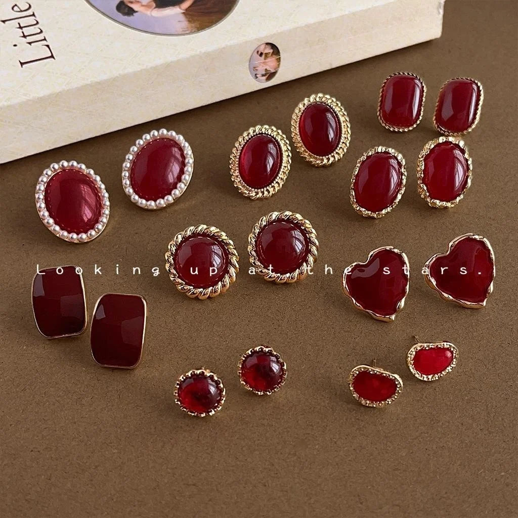 French Vintage Burgundy Geometric Round Copper Drop Earrings With 14K Plated