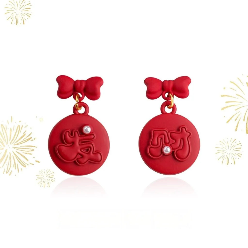 Chinese Style Red Bow Drop Earrings Copper New Year Festive Lucky Jewelry