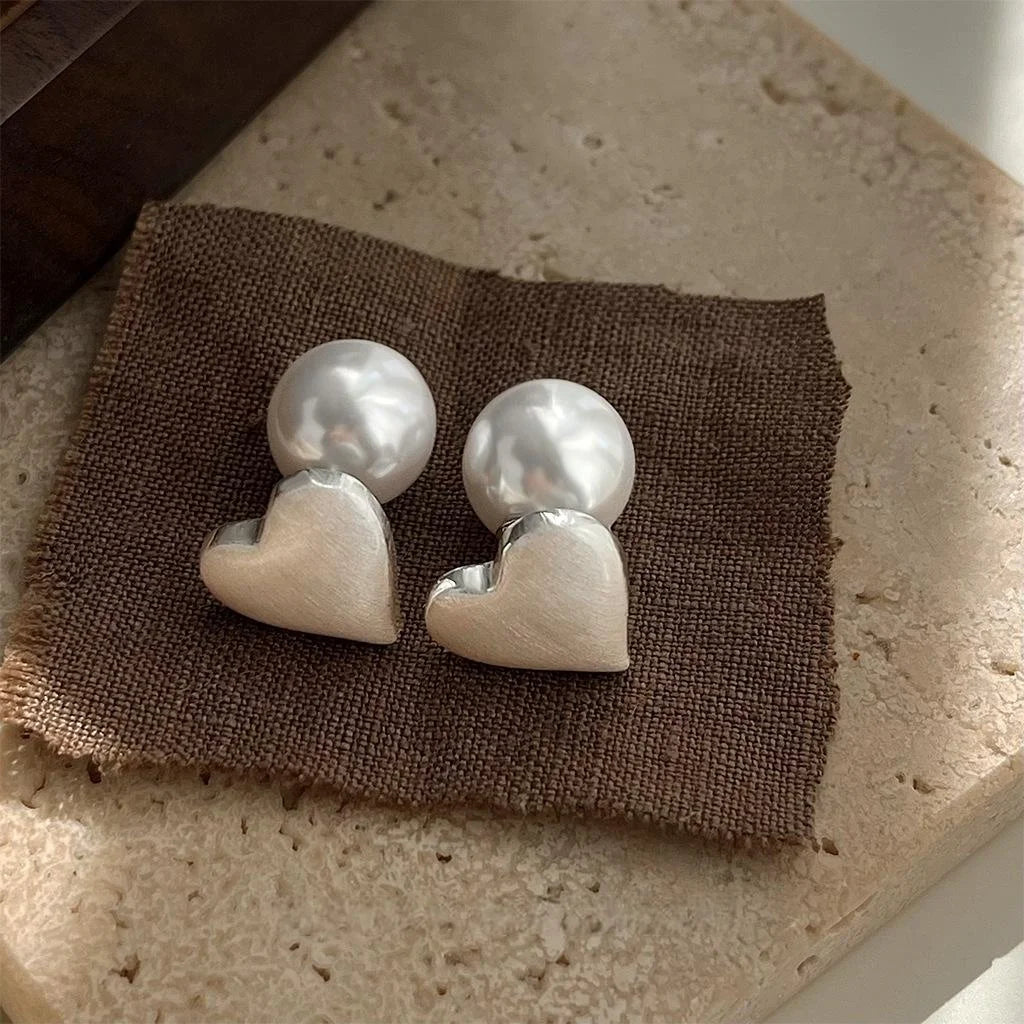 Dual Wear Elegant Copper Heart Pearl Stud Earrings With Silver Plated Pins Matte Brushed Finish