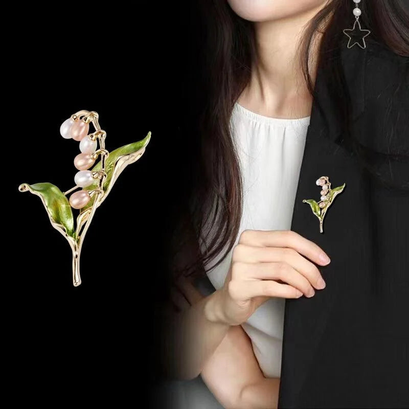 Elegant Lily Of The Valley Pearl Enamel Brooch For Women, Alloy Floral Lapel Pin Corsage Suit Accessory Gift
