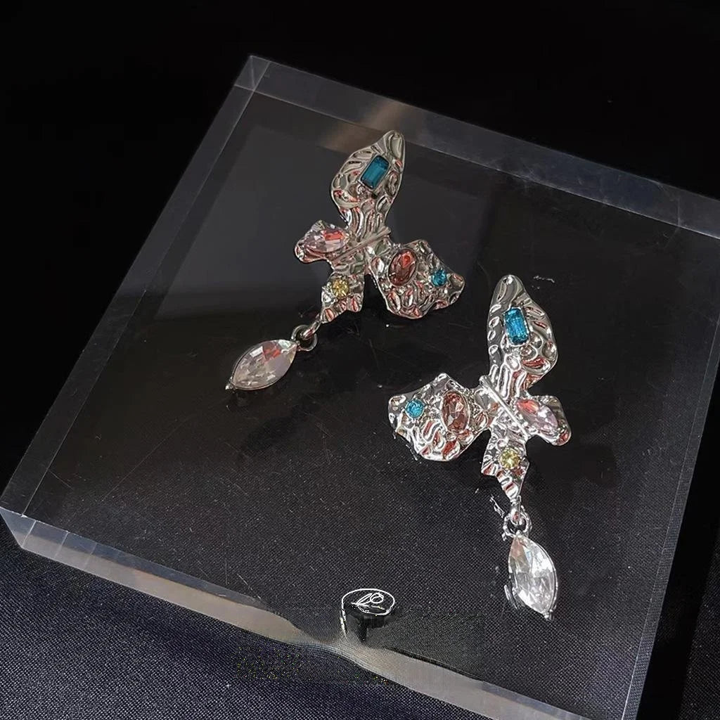 Sweet Cool Glass Crystal Rhinestone Butterfly Drop Earrings With Silver Plated Pins