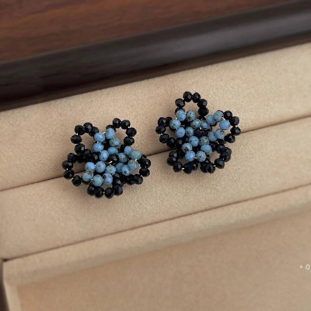 Haze Blue Handmade Woven Flower Stud Earrings Copper Glass Crystal Premium Niche Jewelry