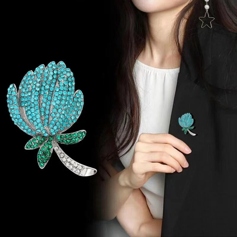 Luxury Tulip Flower Rhinestone Brooch, Elegant Alloy Crystal Lapel Pin Corsage Suit Accessory Gift