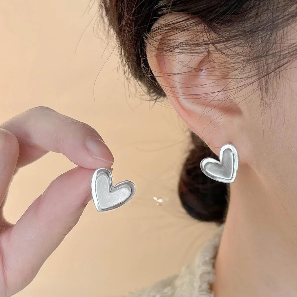 Korean Minimalist Brushed Double Layer Heart Copper Stud Earrings With Silver Plated Pins