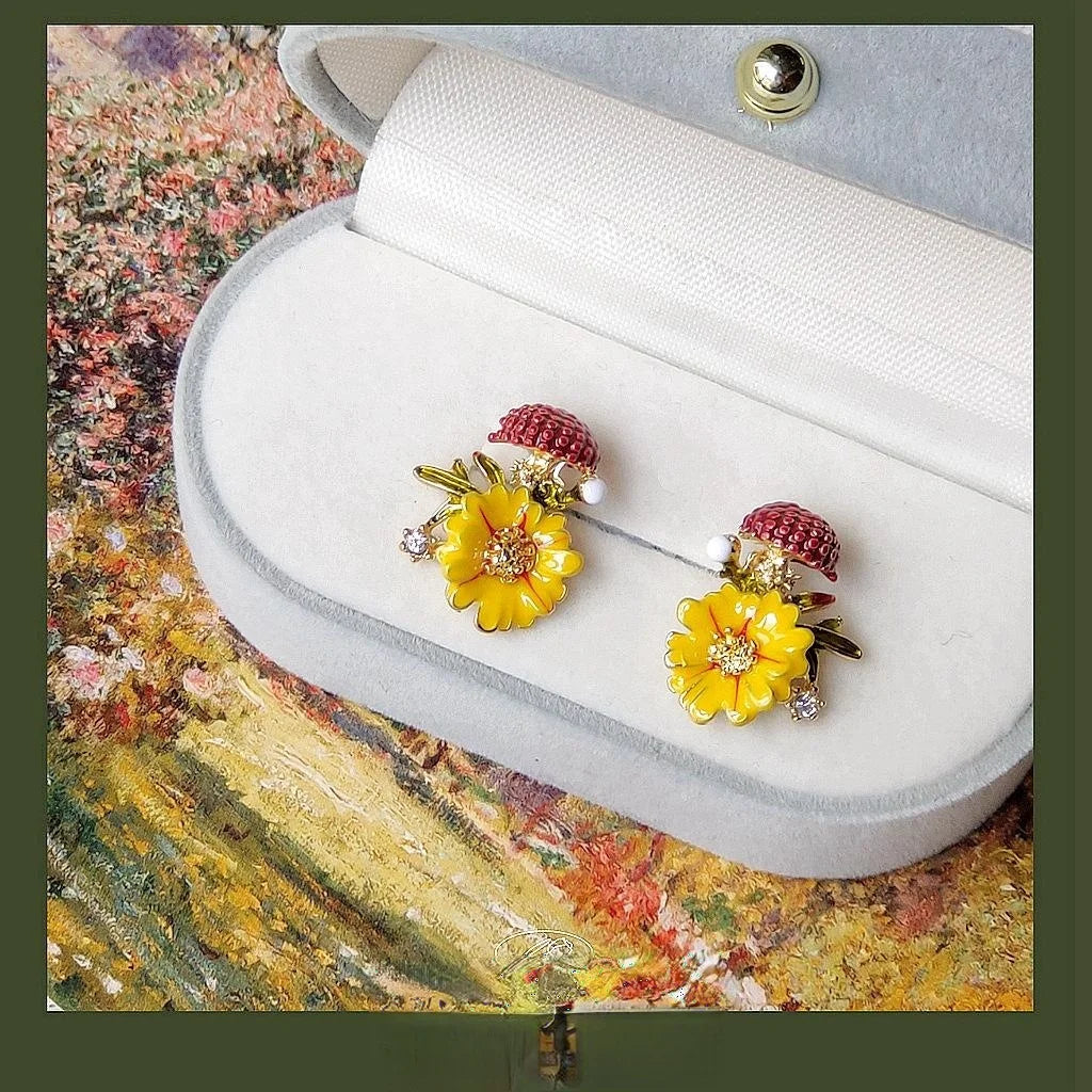 14K Plated Alloy Enamel Painted Flower Stud Earrings Vintage Forest Style Women's Jewelry