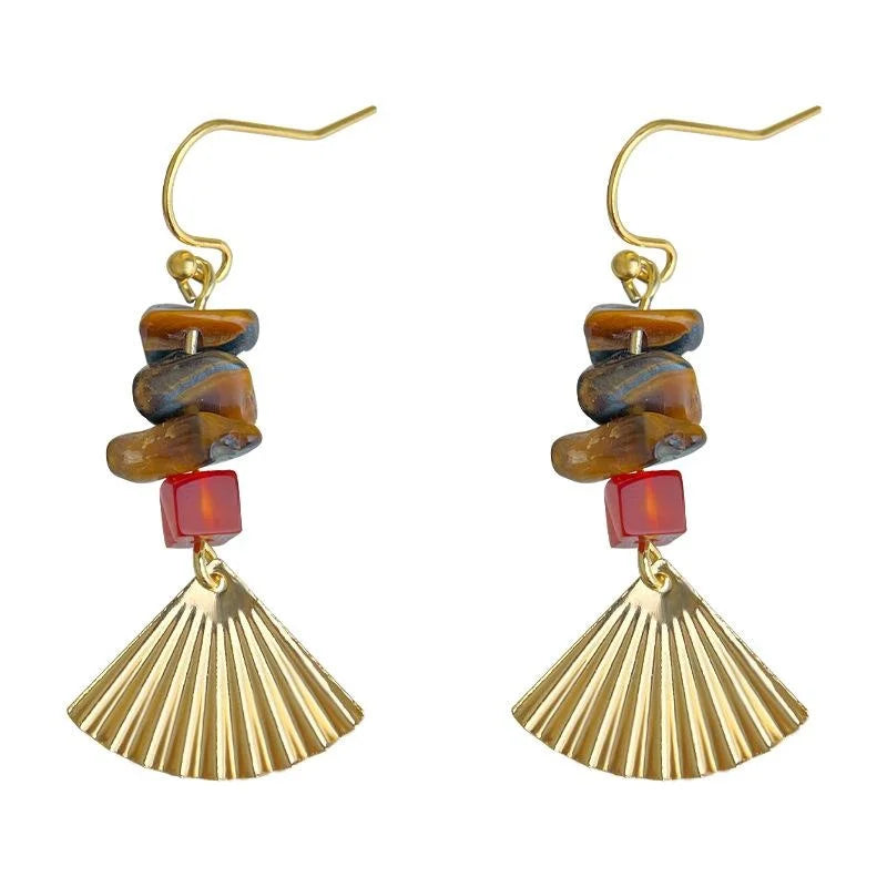 Handmade Vintage Chinese Style Tiger Eye Red Agate Copper Fan Tassel Drop Earrings