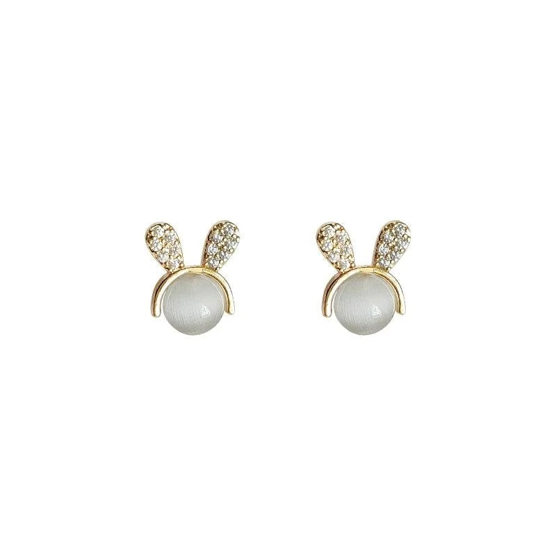 Sweet 14K Gold Plated Copper Rabbit Stud Earrings With Glass Cat Eye Stone And Micro Pave Zircon