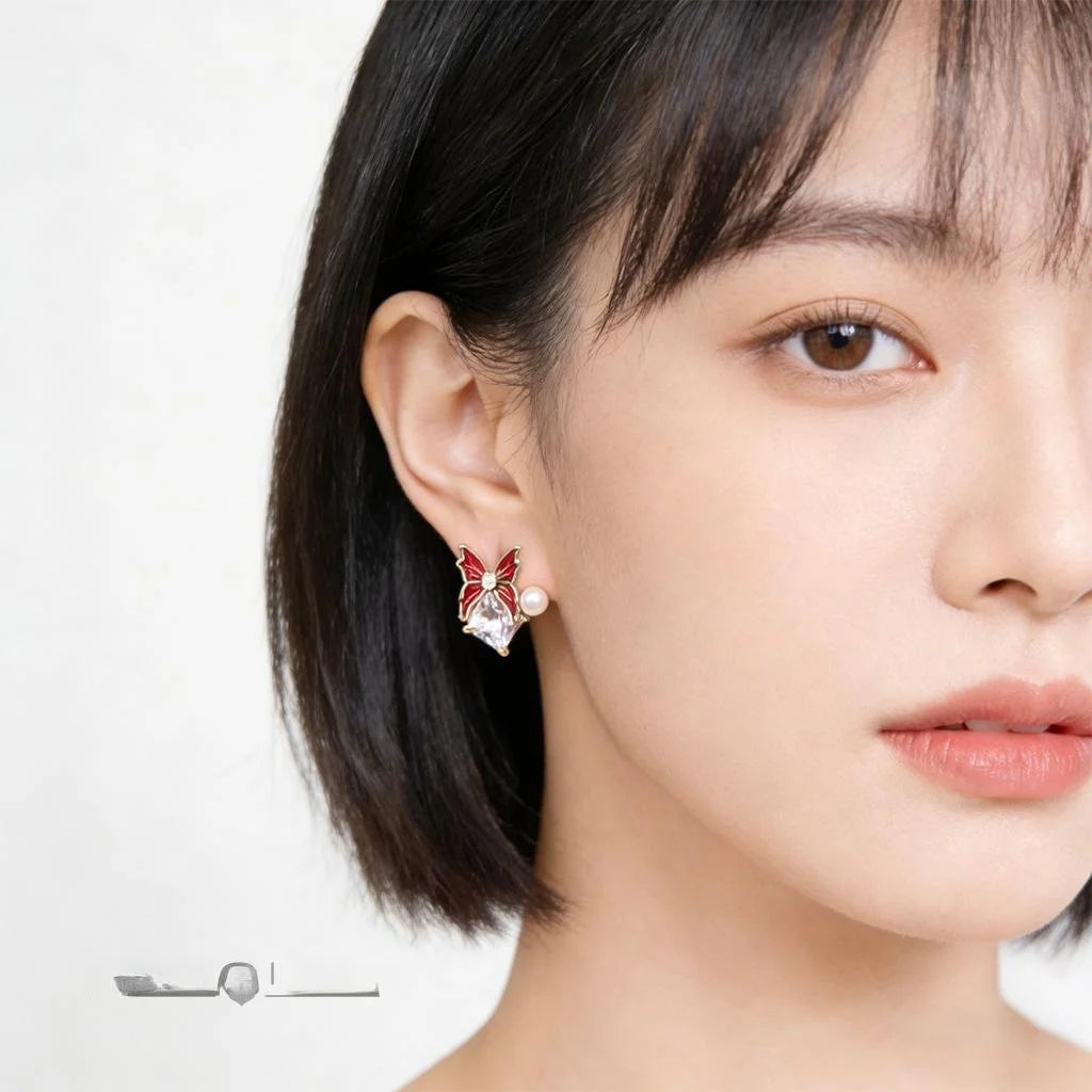 Luxury Butterfly Geometric Zircon Pearl Enamel Copper Stud Earrings