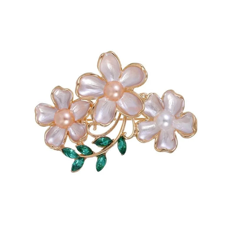 Elegant Korean Style Three Pink Enamel Flower Brooch With Pearl Centers, Alloy Lapel Pin Corsage Gift