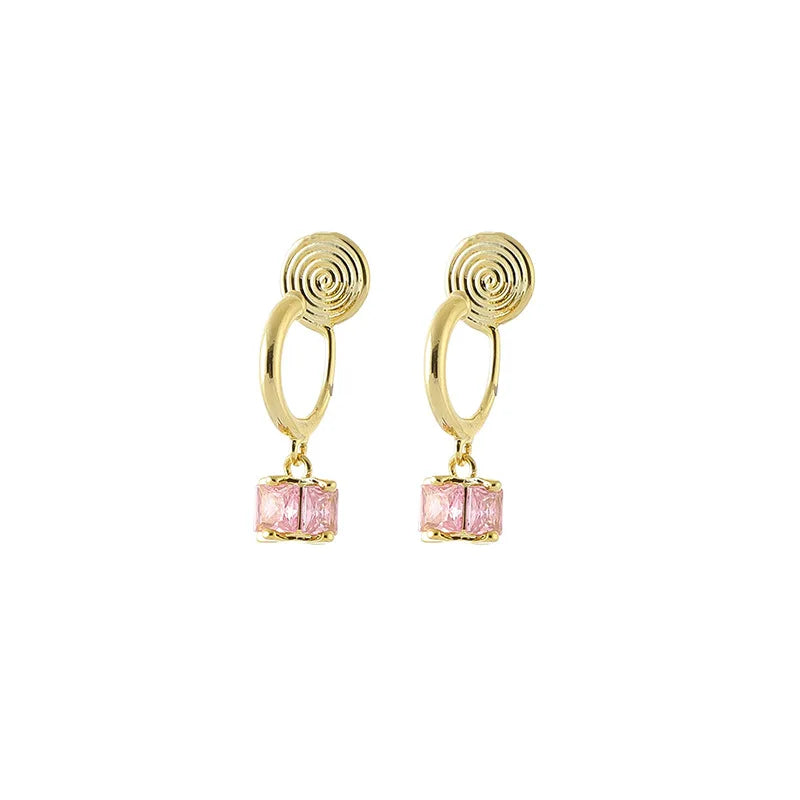 Elegant Spiral Disc Hoop With Square Pink Zircon Alloy Stud & Clip On No Piercing Earrings
