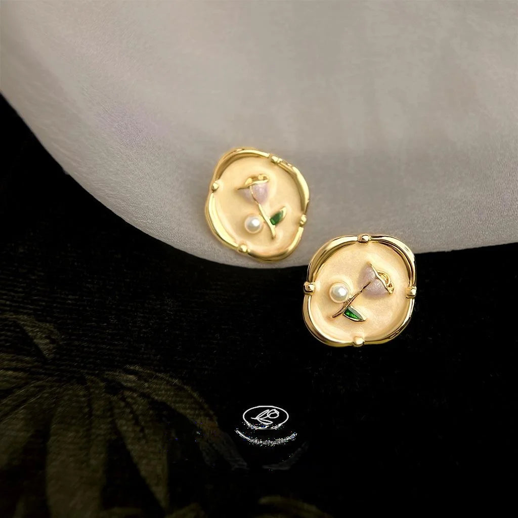 Sweet 14K Gold Plated Pearl Enamel Tulip Flower Stud Earrings