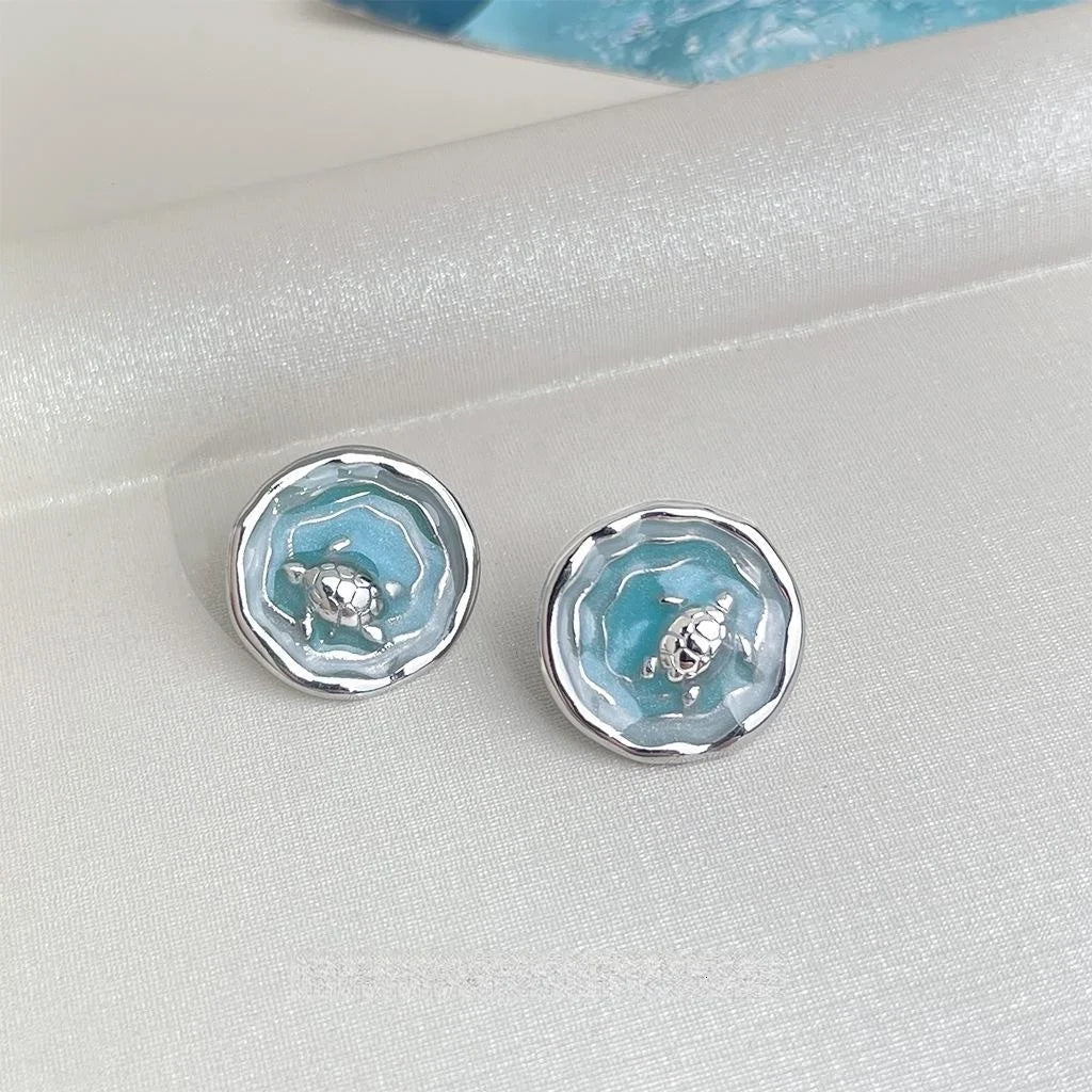 Blue Ocean Whale Stud Earrings Copper Silver Plated Gradient Enamel Animal Jewelry