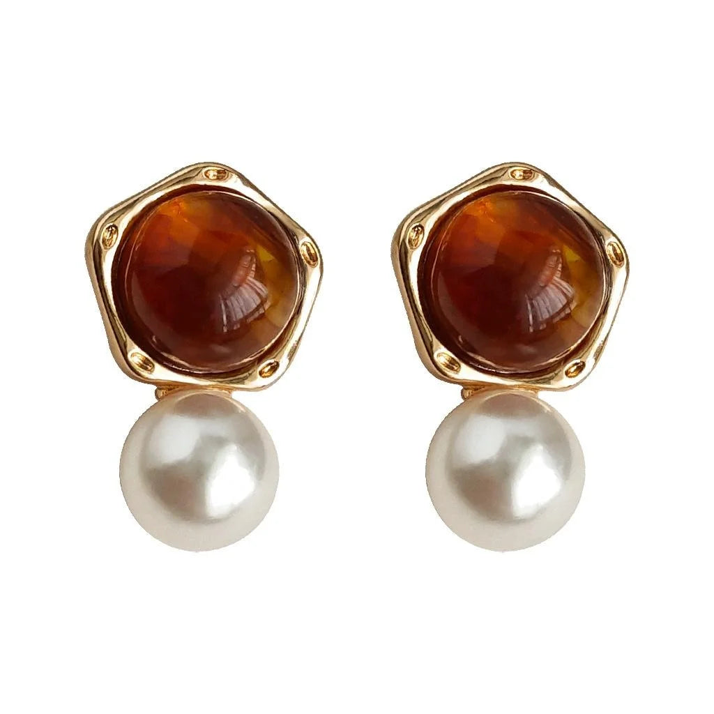 Maillard Amber Copper Pearl Drop Earrings Irregular Geometric French Elegant Commuter Jewelry