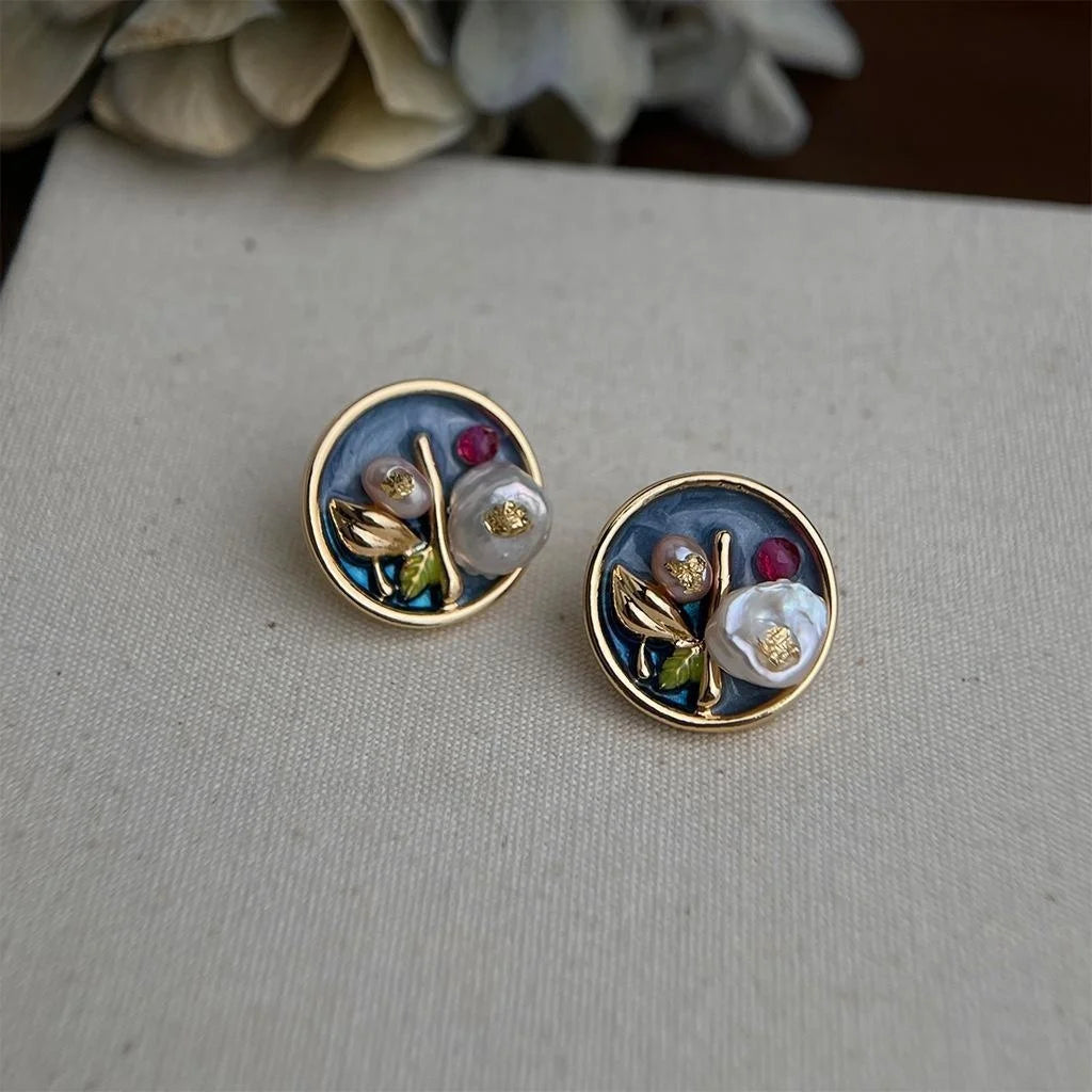 Vintage Baroque Freshwater Pearl Floral Geometric Silver Plated Stud Earrings with Oil Painting Design