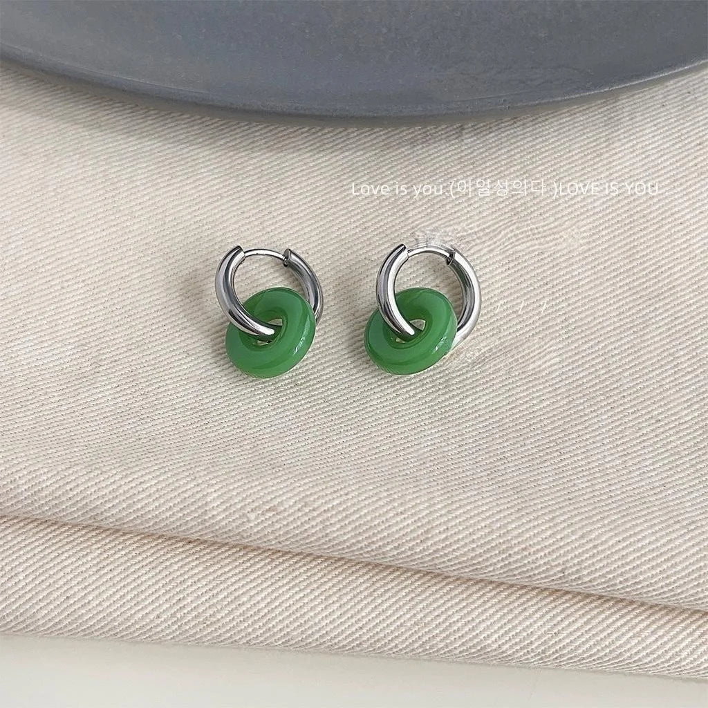 New Chinese Style Handmade Jade Color Glass Peace Buckle Stud Earrings Convertible Ethnic Geometric Ear Cuffs