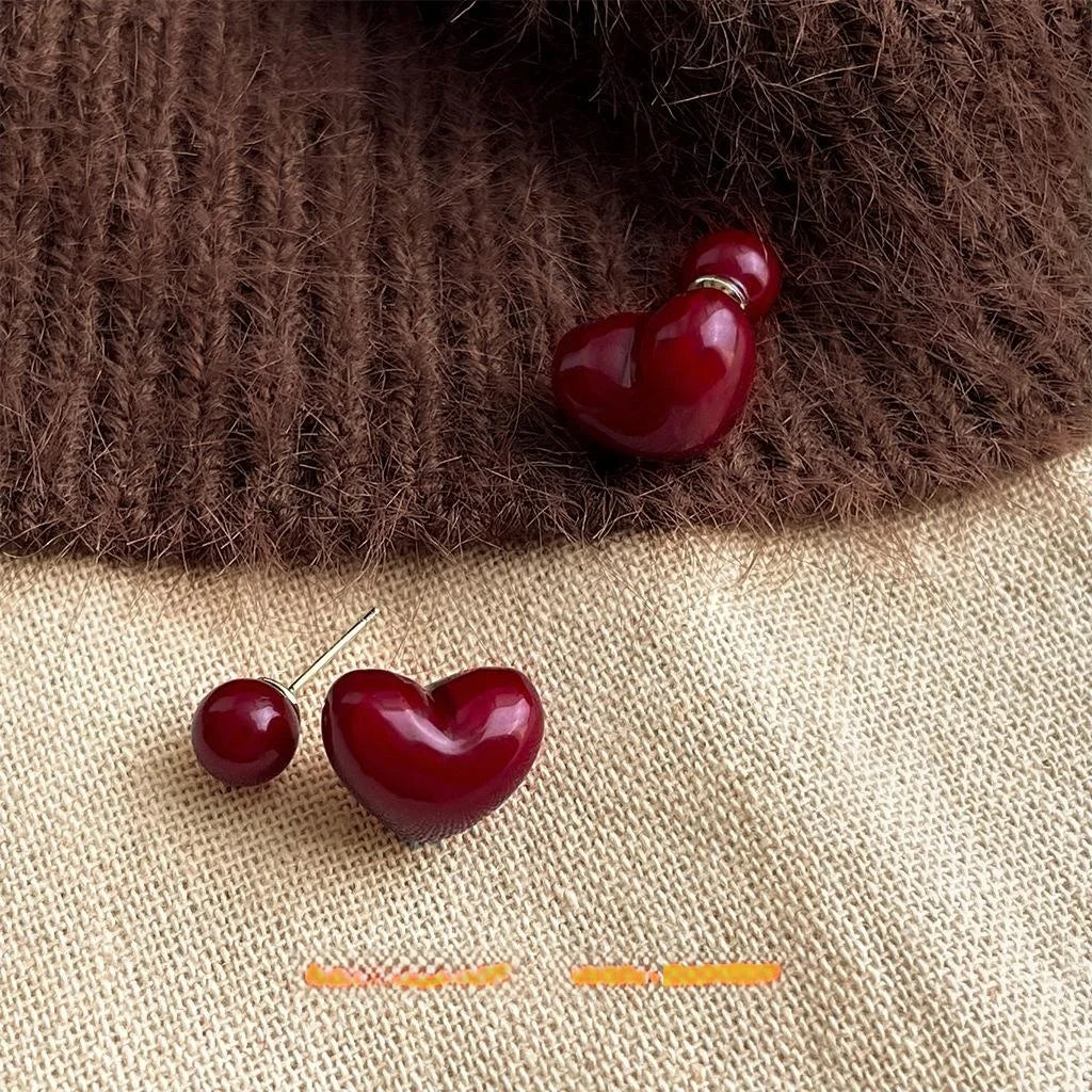 Vintage Burgundy Heart Ball Double Sided Copper Stud Earrings