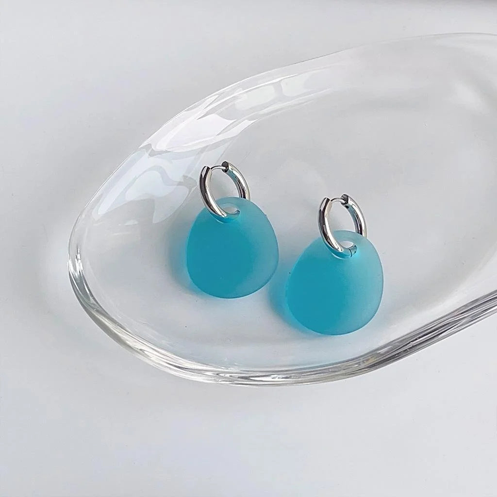 Sweet Sea Blue Frosted Acrylic Geometric Oval Drop Earrings Two Way Summer Jewelry