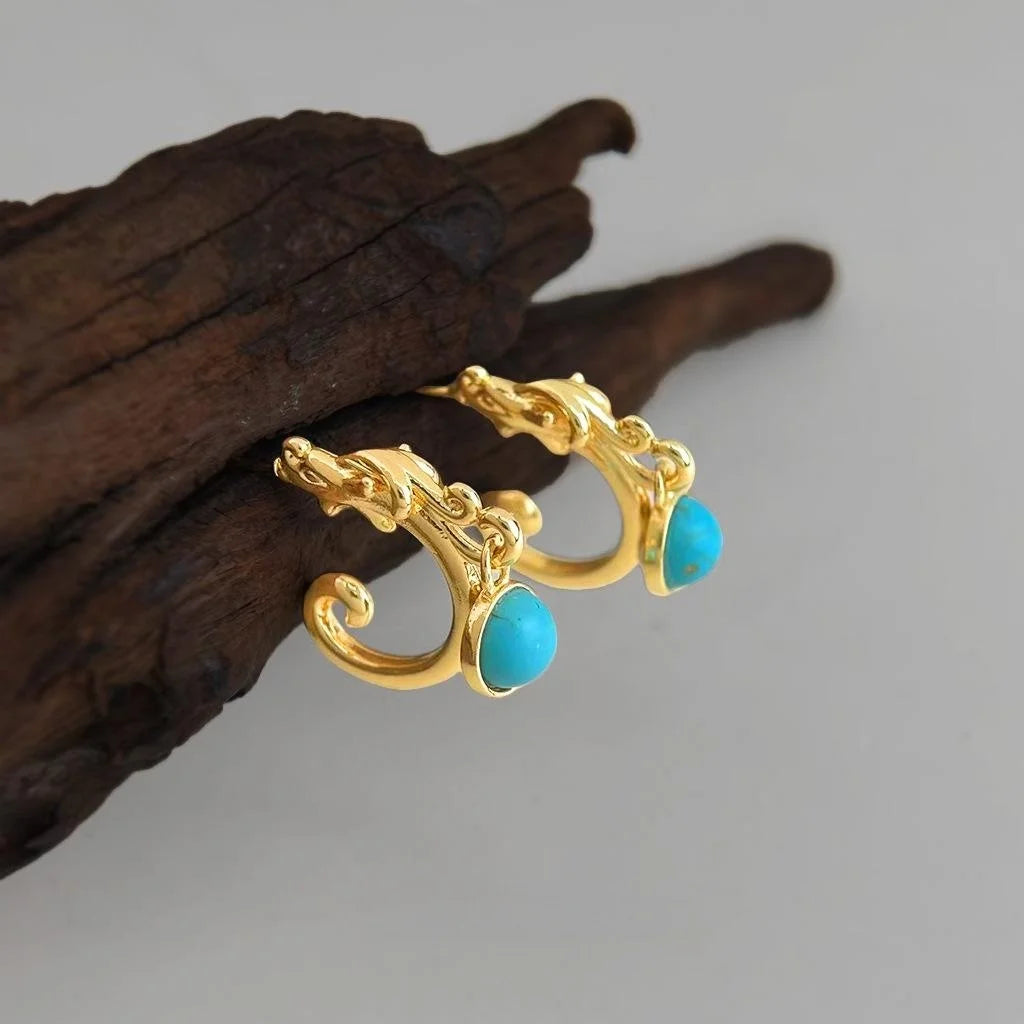 Dragon Pattern Synthetic Turquoise Copper Drop Earrings Old Money Geometric Round Jewelry