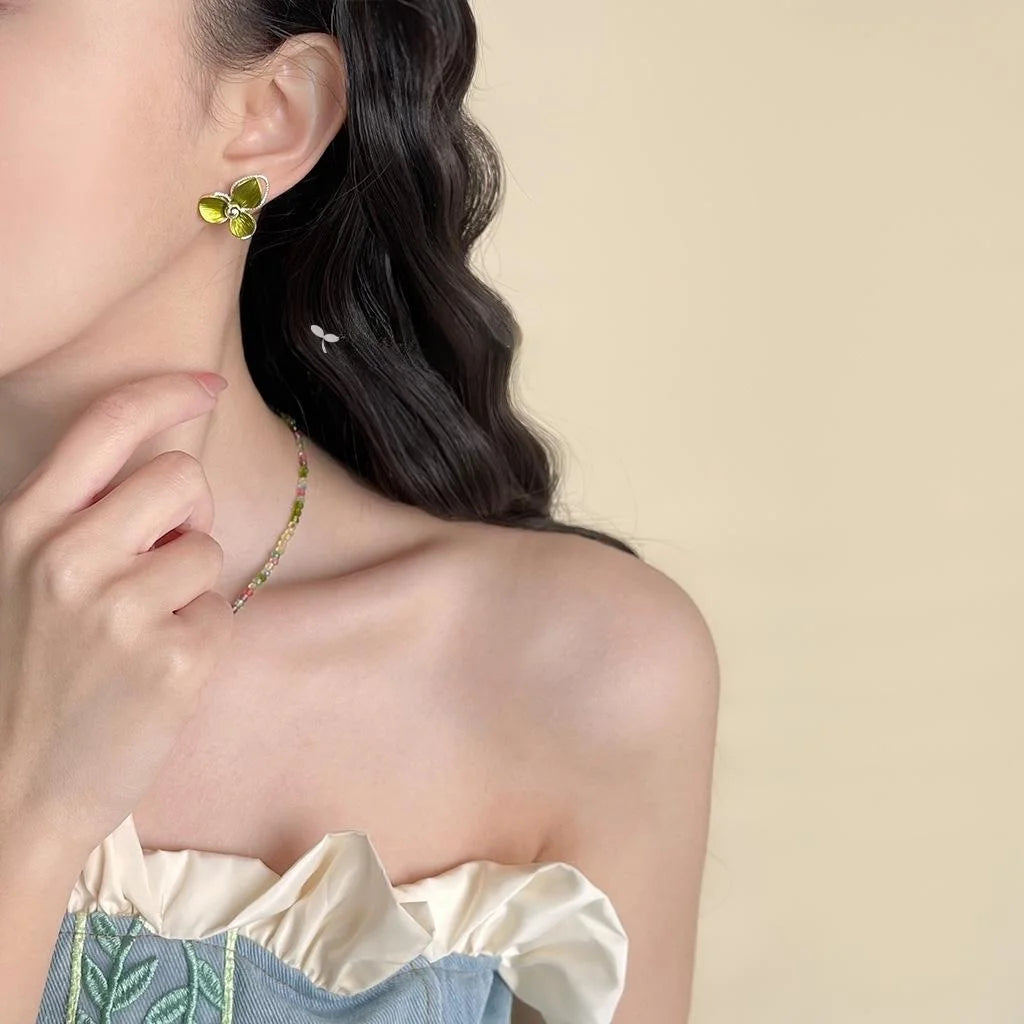 Fresh Green Flower Stud Earrings Silver Plated Copper Leaf Floral Elegant Jewelry