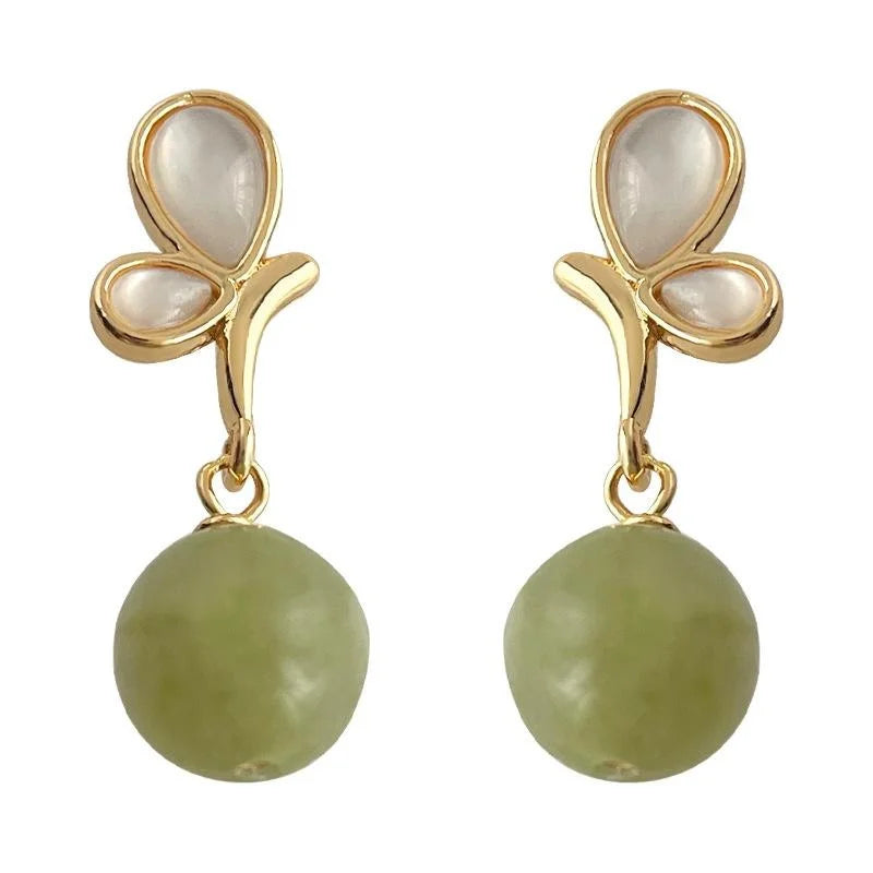 14K Gold Plated Copper Shell Natural Stone Butterfly Drop Earrings Light Luxury Handmade Jewelry