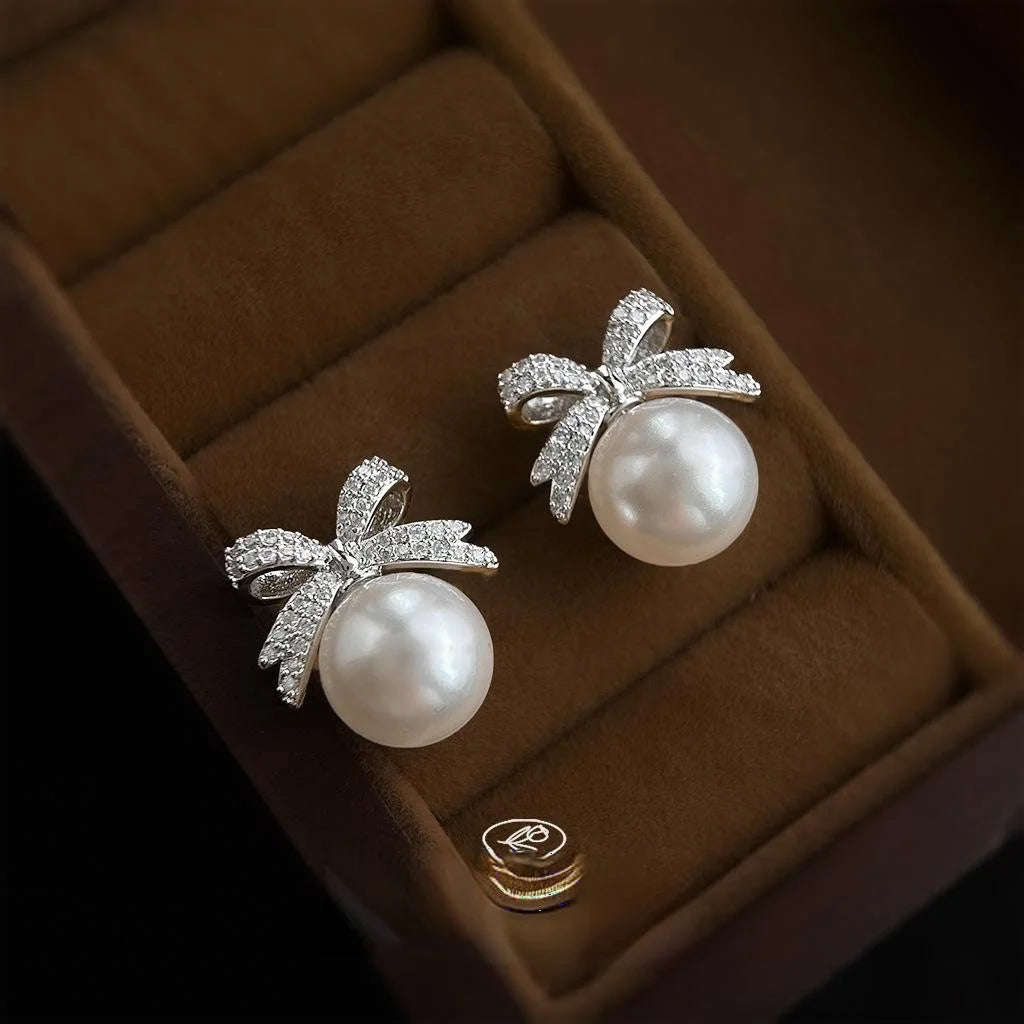 Micro Pave Zircon Bow Glass Pearl Stud Earrings Light Luxury Copper