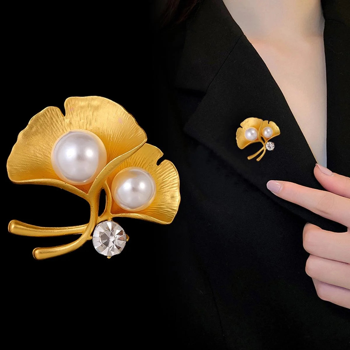 Elegant Gold Ginkgo Leaf Brooch With Pearls And Rhinestone, Women's Lapel Pin Suit Accessory Gift