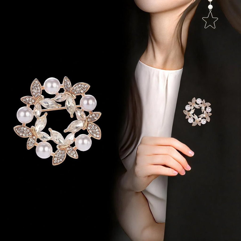 Vintage Butterfly Flower Pearl Wreath Brooch With Rhinestone Zircon Copper Lapel Pin For Women Suit Gift