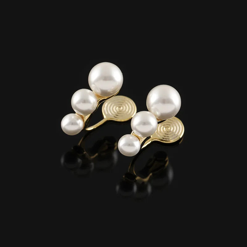Elegant Simple Pearl Cluster Gold Tone Spiral Disc Alloy Stud & Clip On No Piercing Commuter Earrings