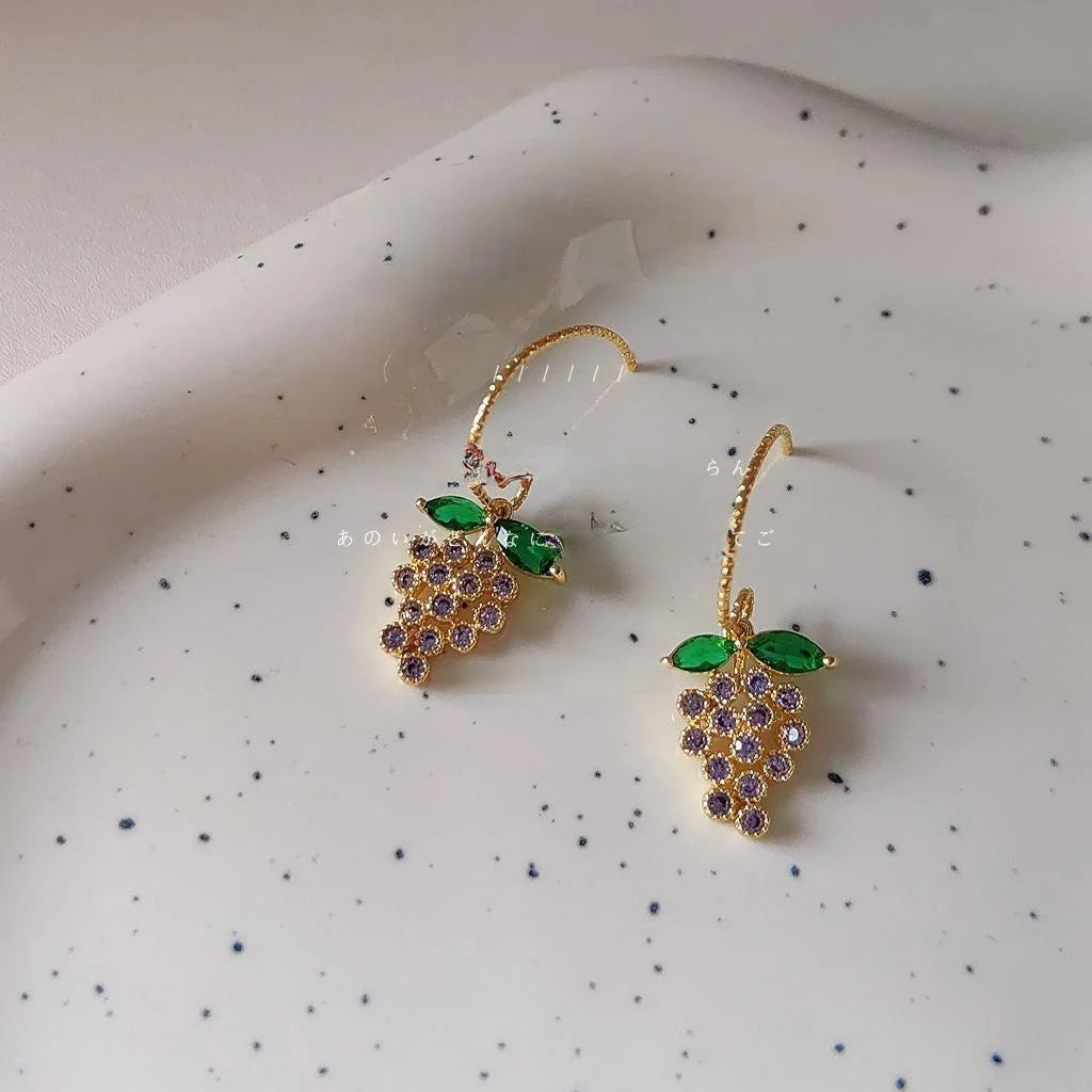 14K Gold Plated Copper Micro Pave Zircon Grape Drop Earrings Cute Korean Forest Style Jewelry