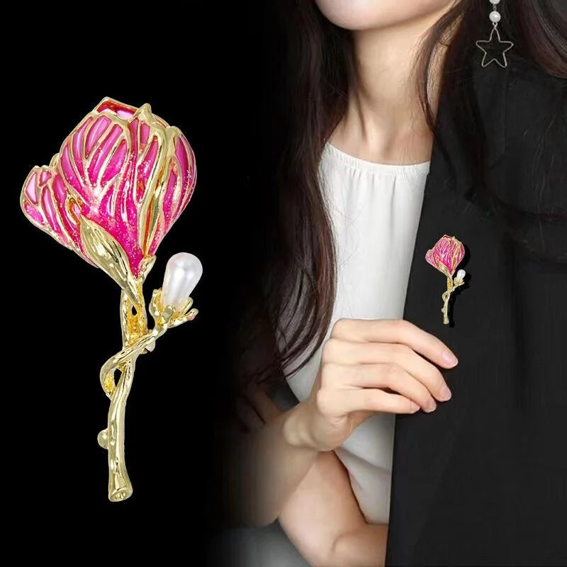Elegant Pink Enamel Hibiscus Flower Brooch With Gold Alloy Stem And Pearl Bud, Luxury Lapel Pin Gift