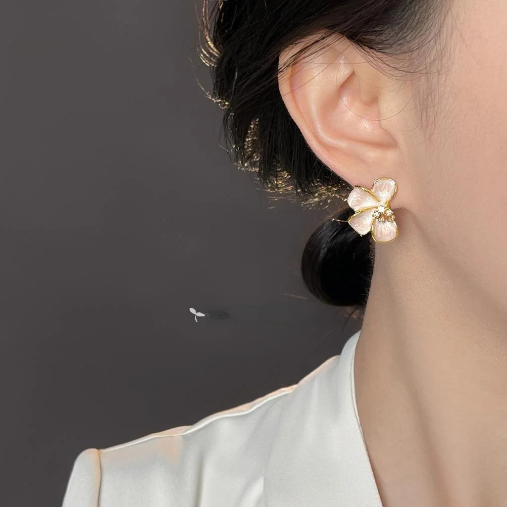 Fairy Style Gradient Enamel Flower Stud Earrings With Zircon, Copper
