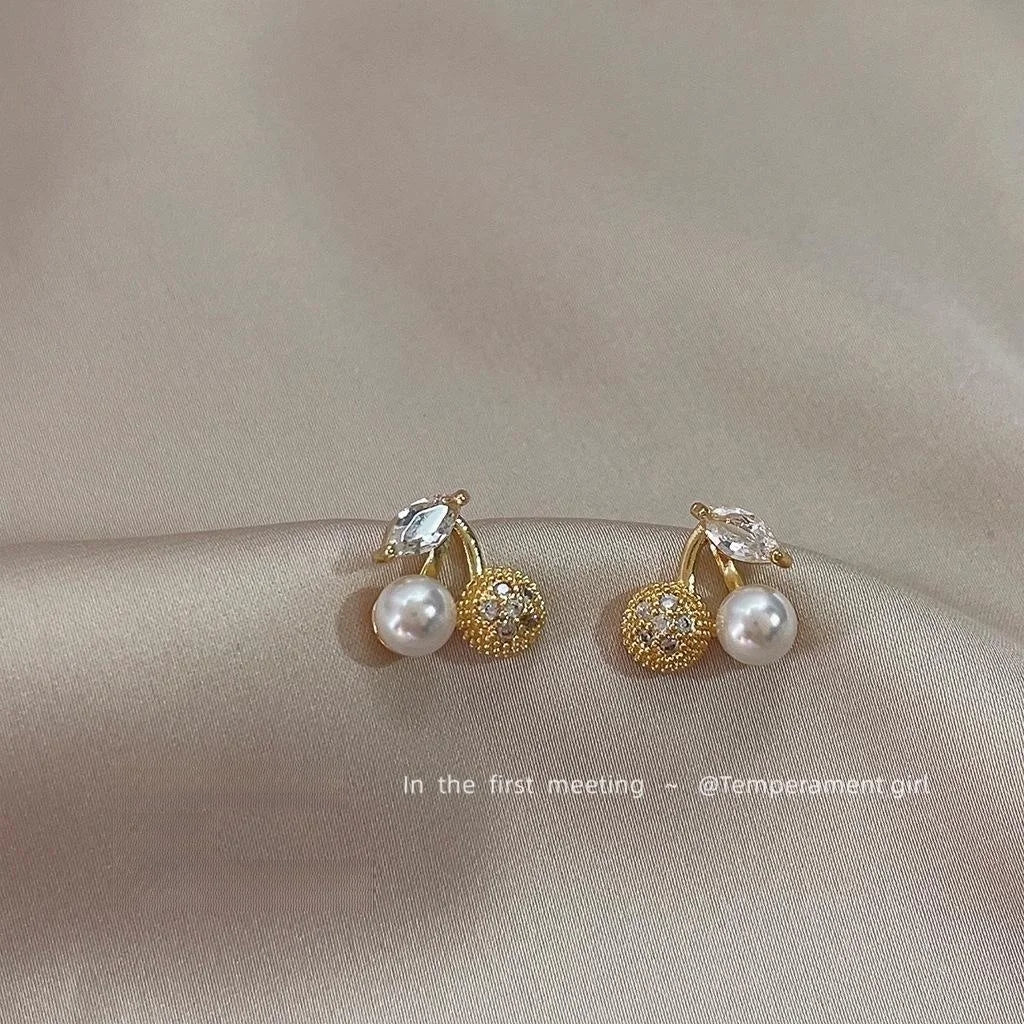Versatile French Style Micro Pave Zircon Cherry Pearl Copper Stud Earrings For Women