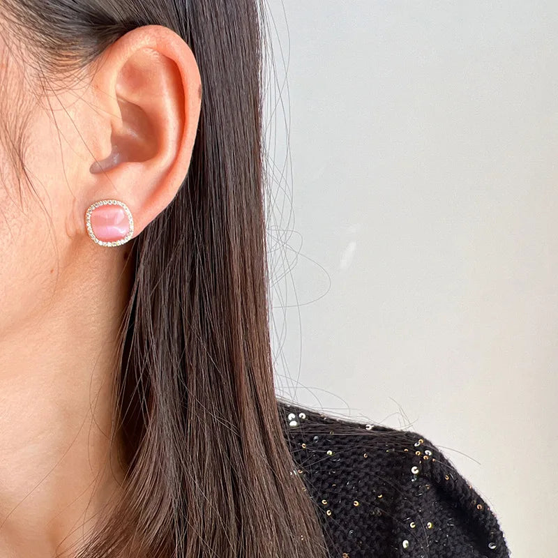 Elegant Pink Cat Eye Square Zircon Halo Stud & Clip On No Piercing Women's Fashion Earrings