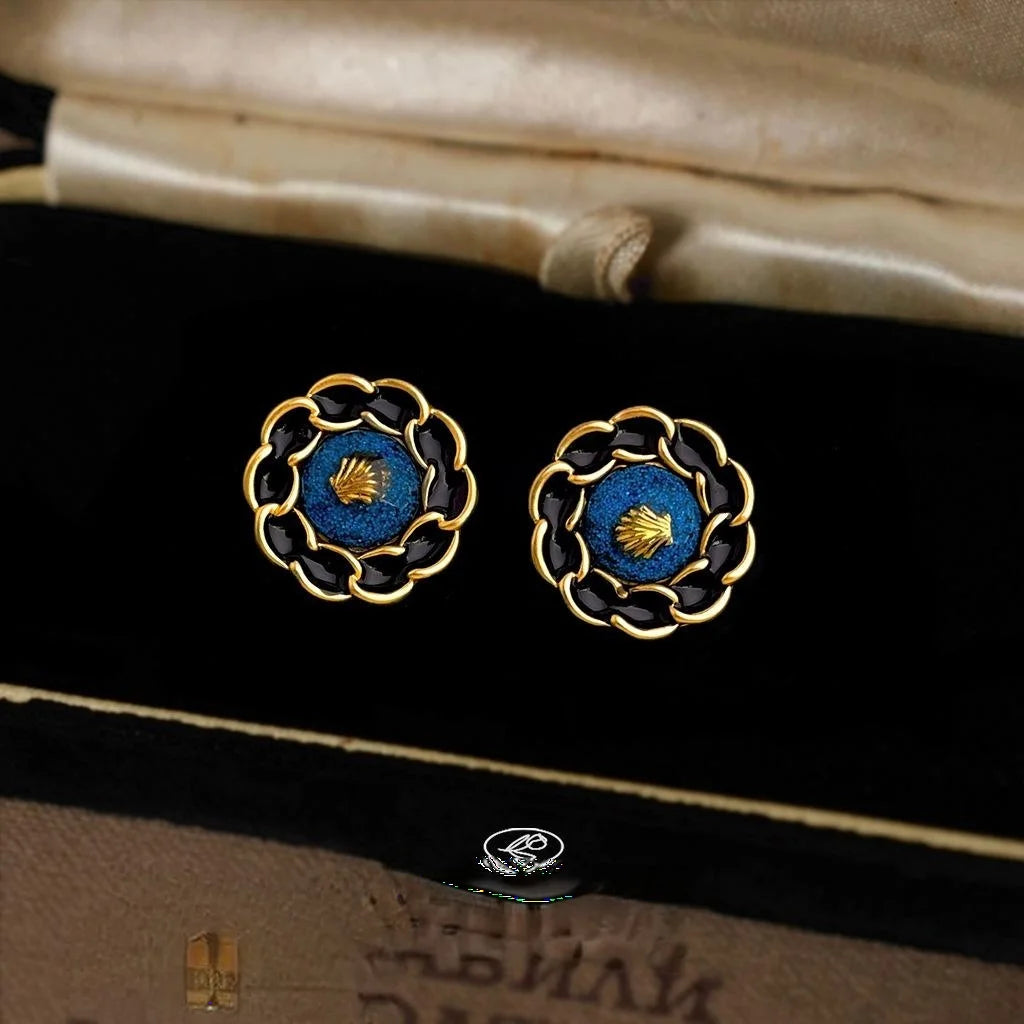Vintage Enamel Glazed Black Round Geometric Copper Drop Earrings