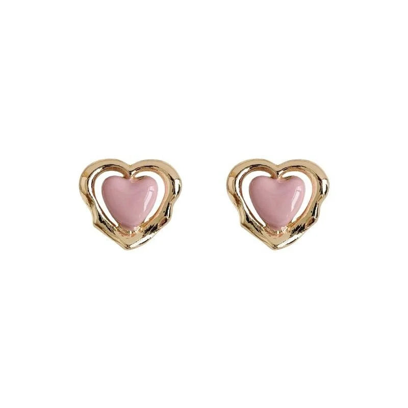 Cream Sweet Heart Enamel Stud Earrings For Women, Handmade Line Design Fashion Commuter Jewelry