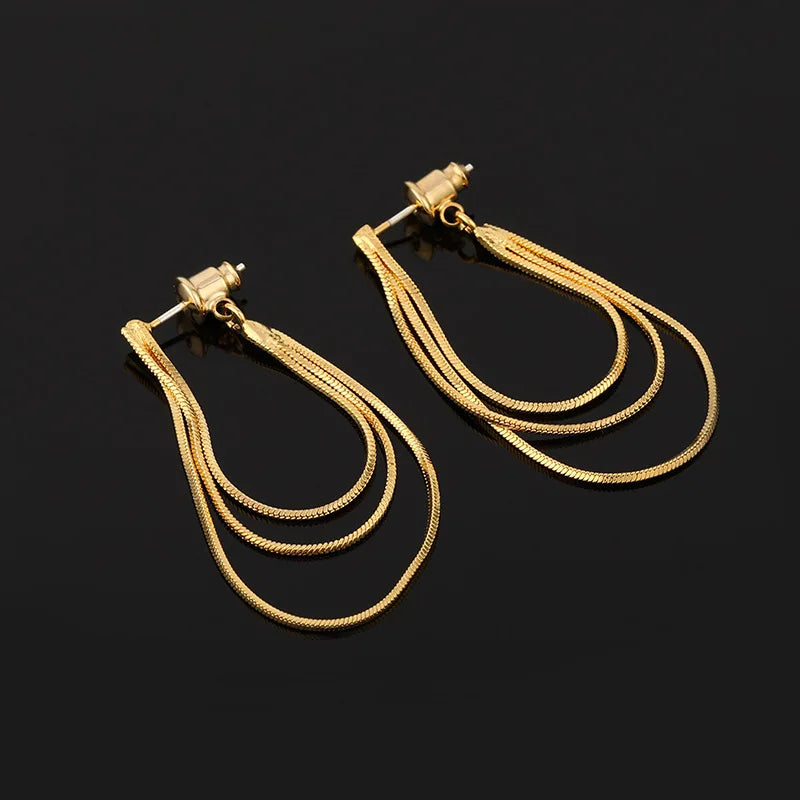 Elegant Gold Alloy Snake Bone Chain Loop Tassel Stud & Clip On No Piercing Spiral Drop Earrings
