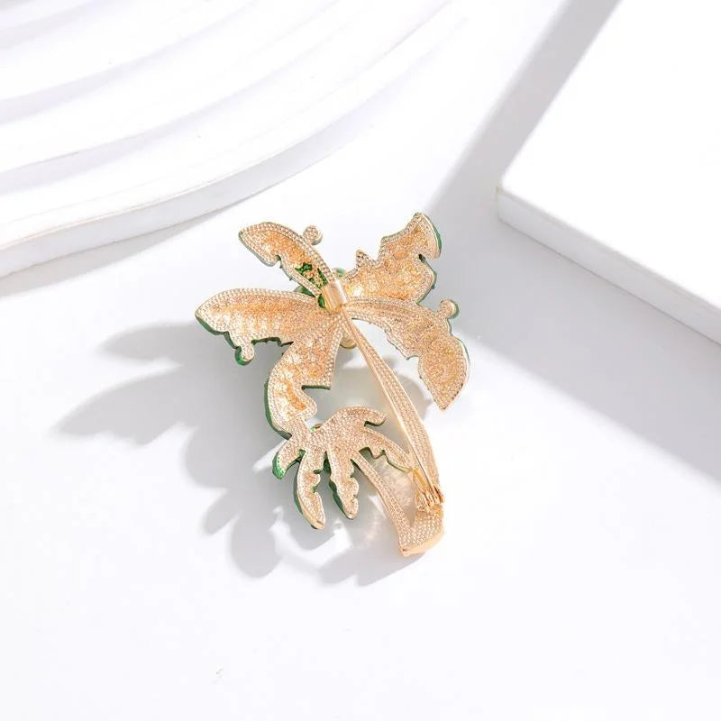 Elegant Green Enamel Coconut Palm Tree Brooch With Rhinestone Pearl, Tropical Lapel Pin Gift
