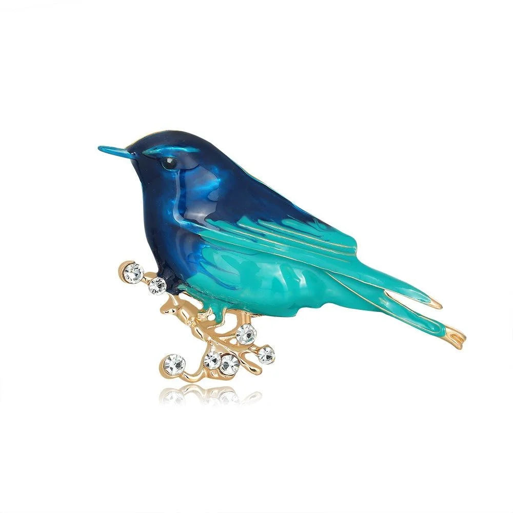 Elegant Blue Enamel Bird Alloy Brooch With Rhinestone Branch, Fashion Lapel Pin Corsage Suit Accessory Gift