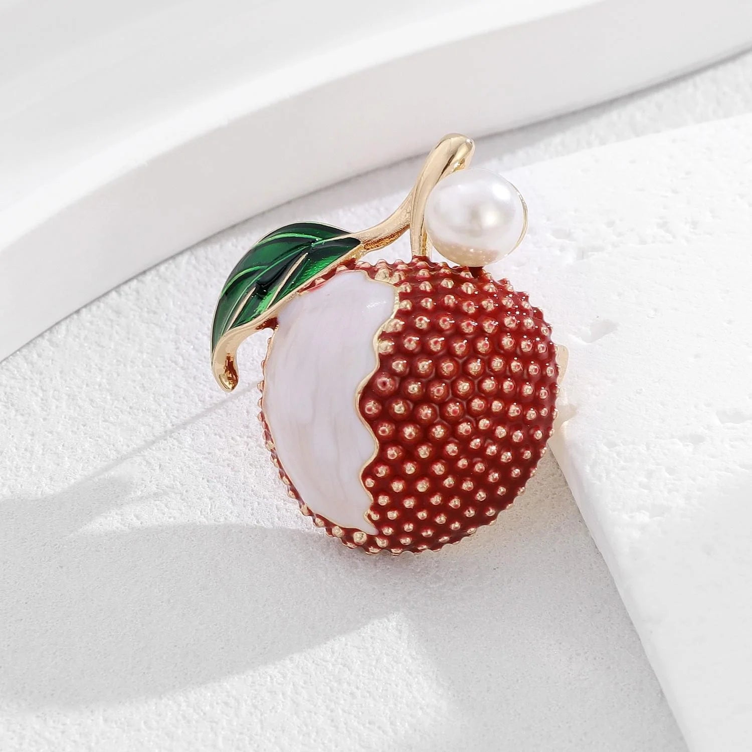 Cute Enamel Lychee Fruit Brooch With Pearl Accent Alloy Rhinestone Lapel Pin Corsage Suit Bag Accessory Gift
