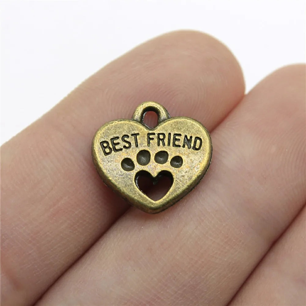 14x15mm 2.1g Zinc Alloy Heart Cat Paw Best Friends Hollow Double Sided Charm Pendant for DIY Bracelet Necklace Making