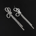 Luxury Rhinestone Bow Long Tassel Stud & Clip On No Piercing Elegant Fairy Drop Earrings