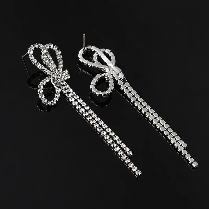 Luxury Rhinestone Bow Long Tassel Stud & Clip On No Piercing Elegant Fairy Drop Earrings