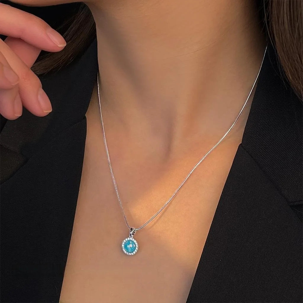 Platinum Plated Copper Synthetic Opal Necklace With Micro Pave Zircon Round Geometric Pendant