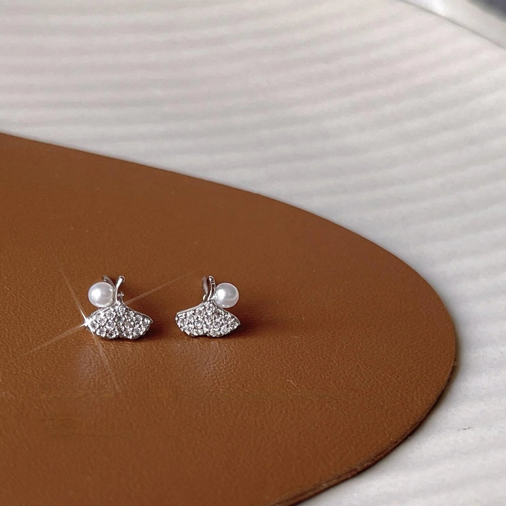 Mini Ginkgo Leaf Stud Earrings Copper Micro Pave Zircon Silver Plated Cute Daily Jewelry