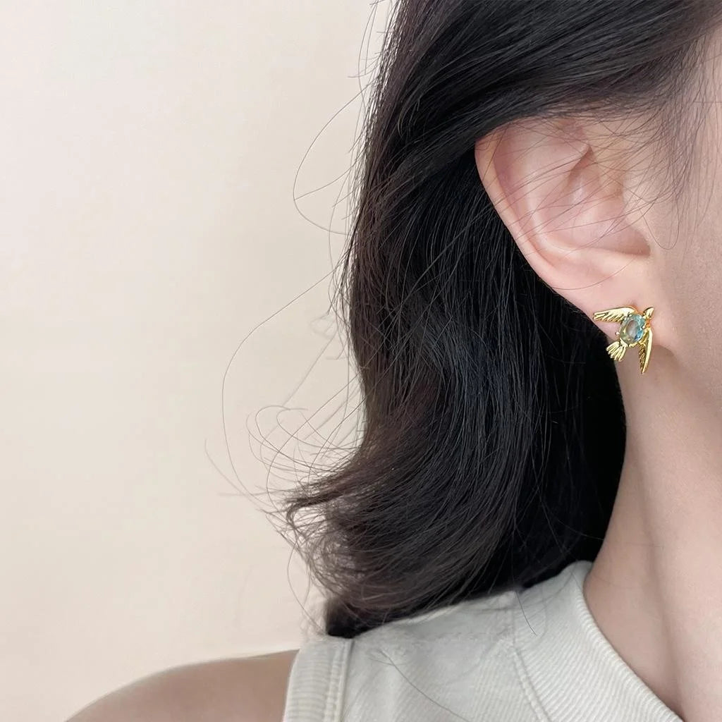 Original Designer 14K Gold Plated Copper Bird Stud Earrings For Women, Niche Animal Jewelry