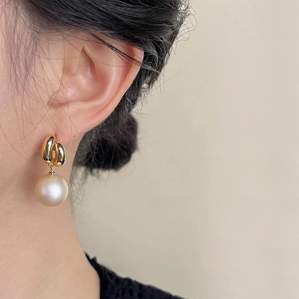 Light Luxury French Champagne Gold Copper Frosted Pearl Geometric Drop Earrings Silver Plated Pin