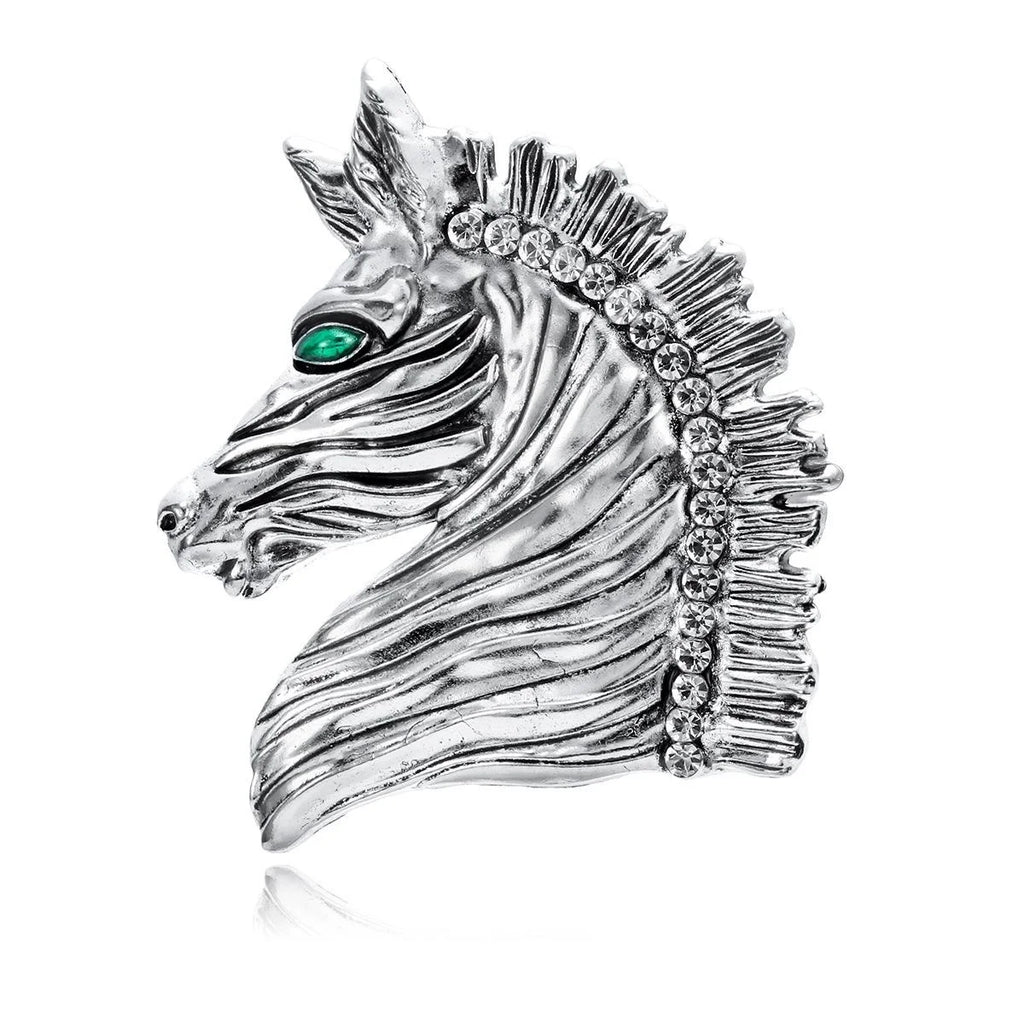Vintage Silver Alloy Horse Head Brooch With Rhinestone Mane And Green Eye, Elegant Lapel Pin Suit Accessory